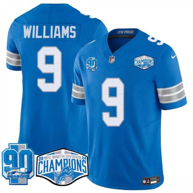 Mens Detroit Lions #9 Jameson Williams Blue 2024 NFC North Champions 90th Anniversary Patch F.U.S.E. Vapor Limited Stitched Jersey